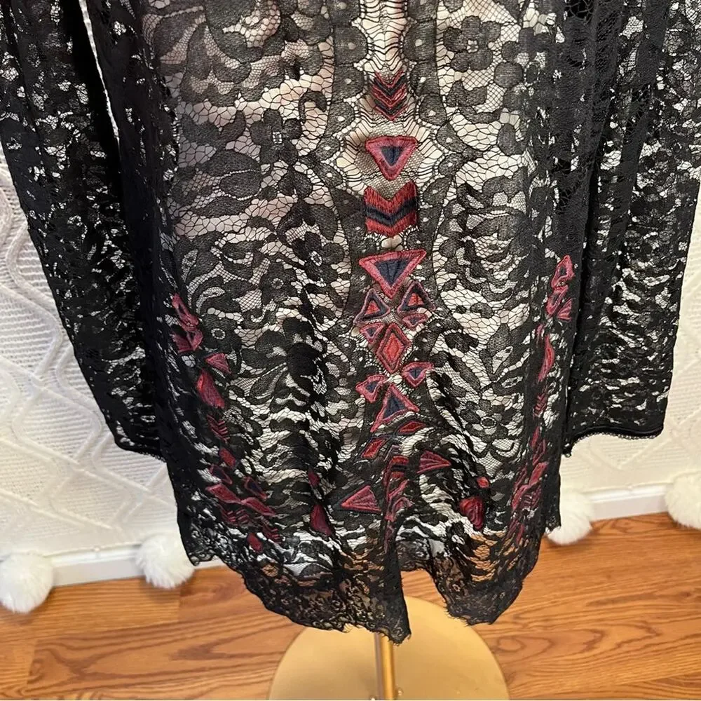 FREE‎ PEOPLE | Black Lace Embroidered Tunic Cut Out Back Sheer Top